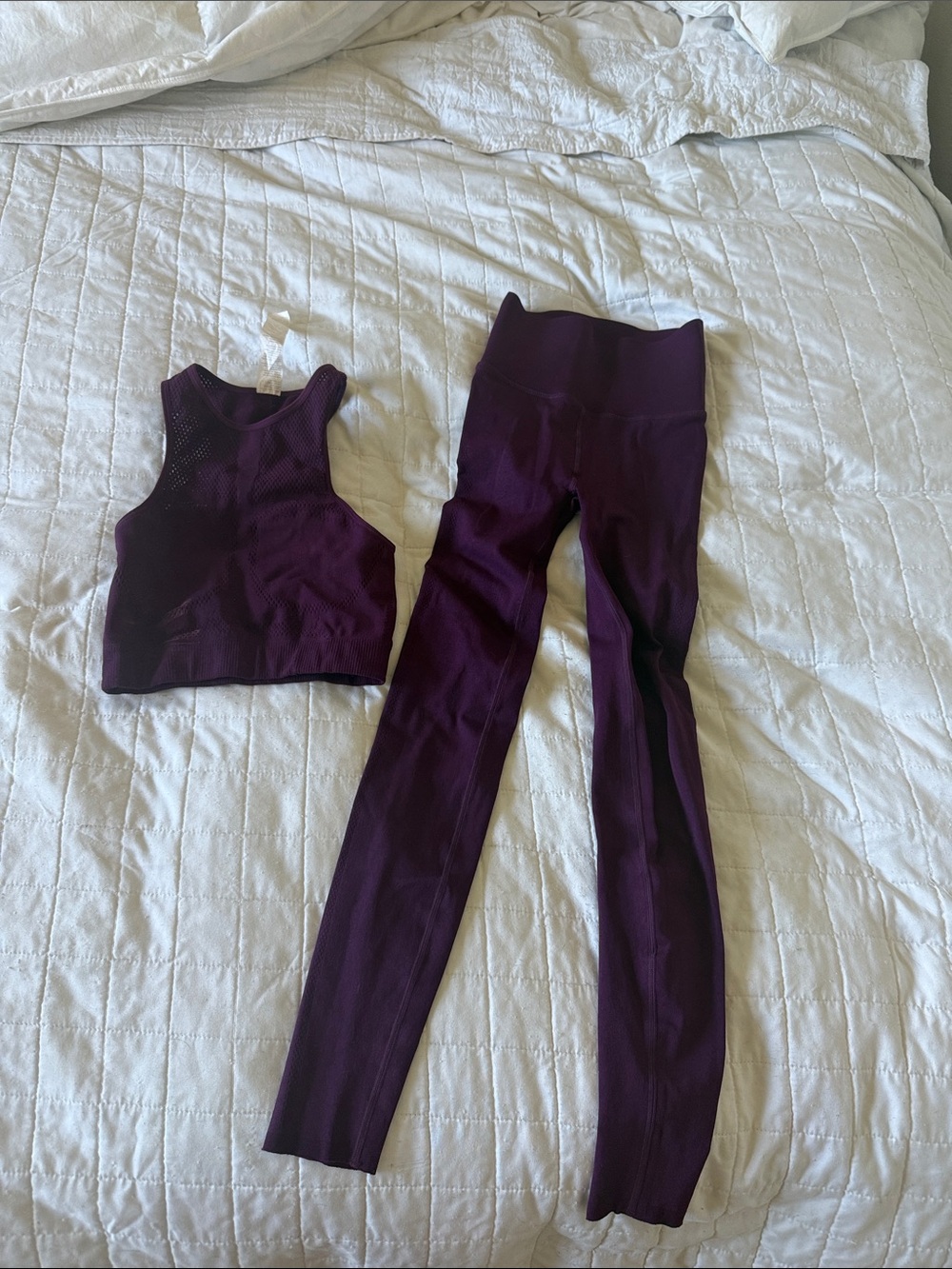 Fabletics Purple Seamless Workout Set - Ribbed High-Waist Leggings & Crop Tank